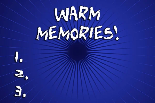 Текст, написанный словом "теплые воспоминания". Бизнес-концепция для того, что вы помните с удовольствием сладкие воспоминания солнечные вспышки луч радиальные линии спицы затененный центр геометрического дизайна . — стоковое фото