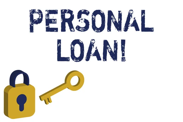 Text sign showing Personal Loan. Conceptual photo unsecured loan taken by individuals from a financial company Yellow and Blue 3D Locked Padlock and Key Isolated against White Background.