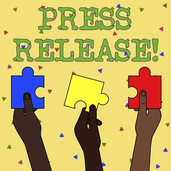 Word writing text Press Release. Business concept for statement from a demonstrating or group that is given to newspapers Three Colored Empty Jigsaw Puzzle Pieces Held in Different People Hands. — 스톡 사진