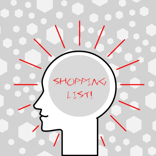 写上购物清单的字条。 商业图片展示了一个需要考虑或购买的物品列表，被光环空白文字空间环绕的人头轮廓. — 图库照片