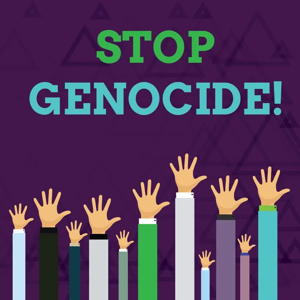 Signo de texto que muestra Stop Genocide. Foto conceptual para poner fin a los asesinatos y atrocidades de mostrar a manos de varios empresarios levantándose sobre la cabeza, frente a la palma . — Foto de Stock