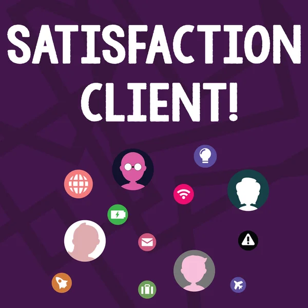 Text sign showing Satisfaction Client. Conceptual photo benefits which customers get from purchasing products Networking Technical Icons with Chat Heads Scattered on Screen for Link Up.