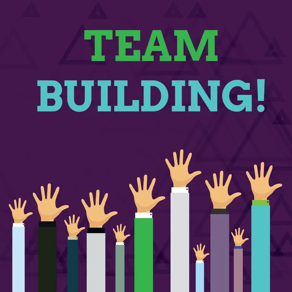 Text sign showing Team Building. Conceptual photo activities designed to increase motivation and cooperation Hands of Several Businessmen Raising Up Above the Head, Palm Facing Front. — Stock Photo, Image