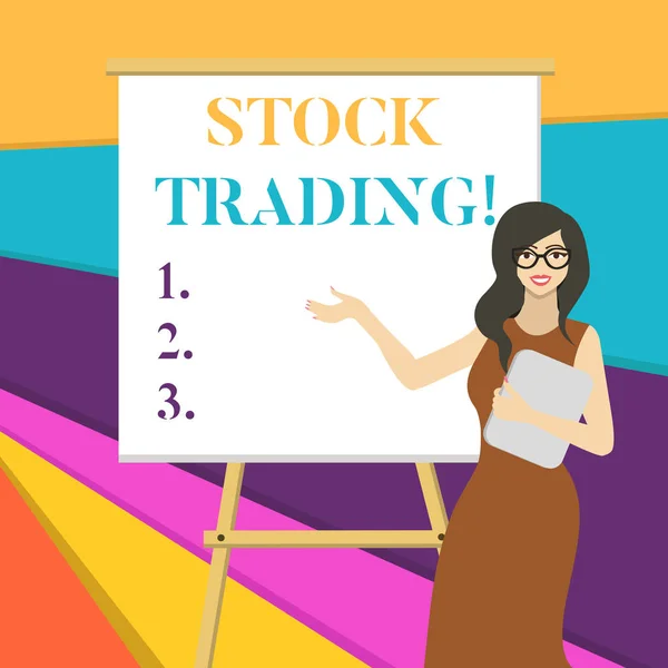 Word writing text Stock Trading. Business concept for the action or activity of buying and selling shares on market White Female in Glasses Standing by Blank Whiteboard on Stand Presentation. — 스톡 사진