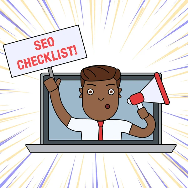 Texto de escritura de palabras Seo Checklist. Concepto de negocio para la lista de artículos necesarios para optimizar el motor de búsqueda Man Speaking Through Laptop Screen into Megaphone Blank Plate with Handle . —  Fotos de Stock