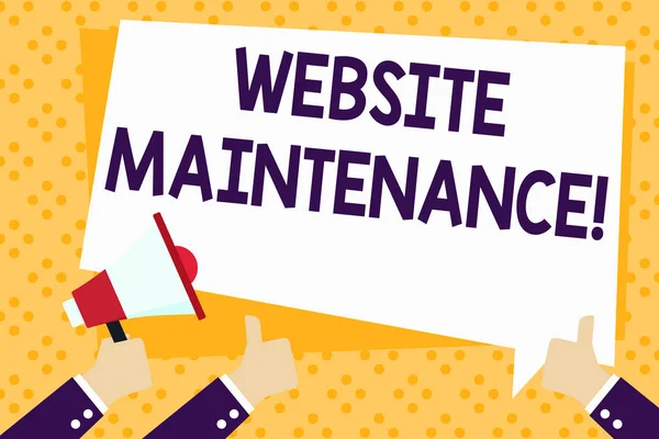 Writing note showing Website Maintenance. Business photo showcasing act of regularly checking your website for issues Hand Holding Megaphone and Gesturing Thumbs Up Text Balloon.