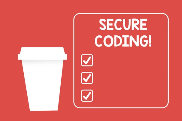 文字书写，安全编码。 应用业务概念避免在白空正方形框红色复制空间引入安全漏洞空白咖啡纸杯. — 图库照片