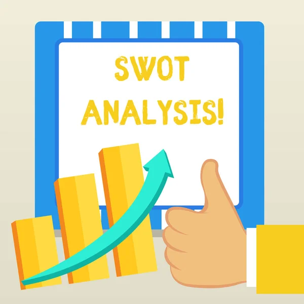 Текст написання слів Swot Analysis. Бізнес-концепція рамки, яка використовується для оцінки компанії є конкурентною позицією Thumb Up Хороша продуктивність Успіх Ескалація Бар графік Висхідна стрілка . — стокове фото