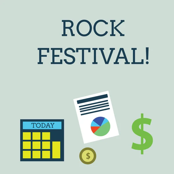 Konzeptionelle Handschrift, die Rockfestival zeigt. Business-Foto zeigt großformatige Rockmusik-Konzert mit Schwermetallen Genre Dollar Investitionen in Gold und präsentiert Daten durch Kuchendiagramm. — Stockfoto