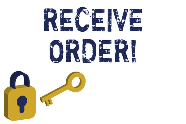 Text sign showing Receive Order. Conceptual photo delivered and receive goods or services under specified terms Yellow and Blue 3D Locked Padlock and Key Isolated against White Background.
