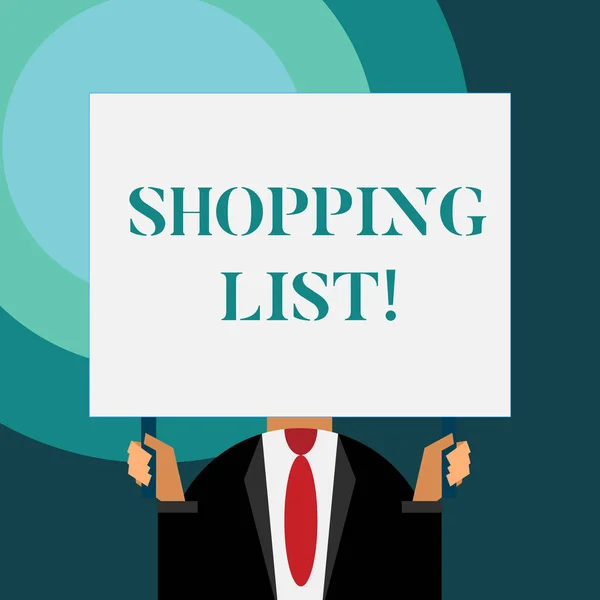 Writing note showing Shopping List. Business photo showcasing a list of items to be considered or purchases to be made.