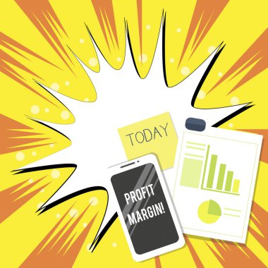 Kar Marjını gösteren metin işareti. Pasta Grafiği ve Çubuk Grafiği olan bir iş Düzeni Akıllı Telefon Kapalı Yapışkan Notlar Pano satışgeliri maliyetleri aşan kavramsal fotoğraf miktarı.