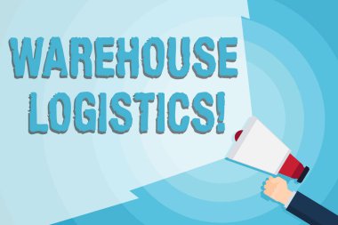 Kelime yazma Depo Lojistiği. İş dünyasında hem fiziksel malların hem de bilginin akışı konsepti Ses aralığını genişletmek için Boş Geniş Işın ile El Tutma Megafonu.