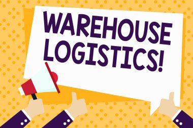 Depo Lojistik 'i gösteren bir not yazıyorum. İş dünyasındaki hem fiziksel malların hem de iş dünyasındaki bilgilerin akışını gösteren el ele tutuşan megafon ve hareket eden başparmaklar yazı balonunda.