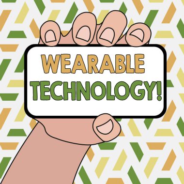 Kelime yazma metni Giyilebilir Teknoloji. Smartphone Aygıtının Boş Ekran ve Metin Alanı ile Elde Tutulan Kapanışı olarak takılabilen elektronik aygıtlar için iş konsepti.
