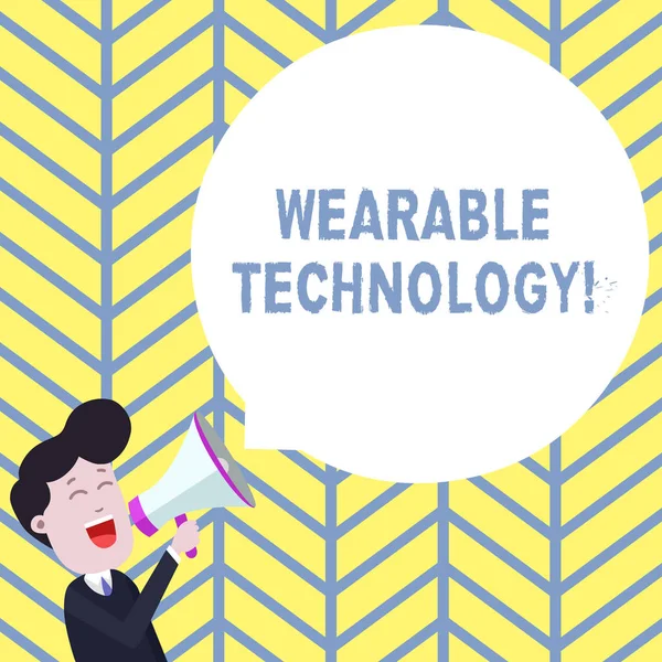 El yazısı metin yazma Giyilebilir Teknoloji. Aksesuar olarak giyilebilen elektronik cihazlar anlamına gelen konsept, Megafona Bağıran Genç Adam Yüzen Yuvarlak Şekil Boş Konuşma Balonu.