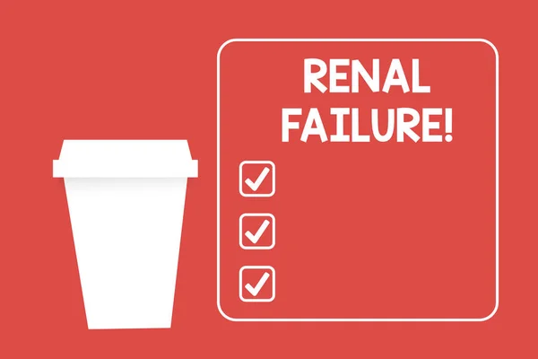 Word writing text Renal Failure. Business concept for medical condition in which the kidneys no longer function Blank Coffee Tea Paper Cup in White Empty Square Frame Copy Space in Red. — 스톡 사진