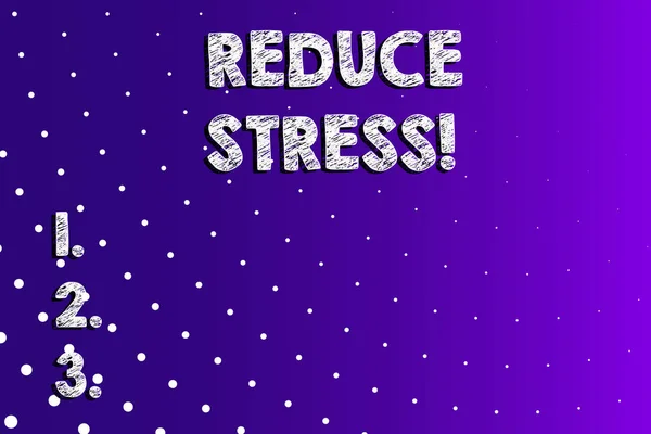 Text sign showing Reduce Stress. Conceptual photo to relieve the tension and engage to quality lifestyle Lilac Violet Background White Polka Dots Scattered in Linear Perspective.