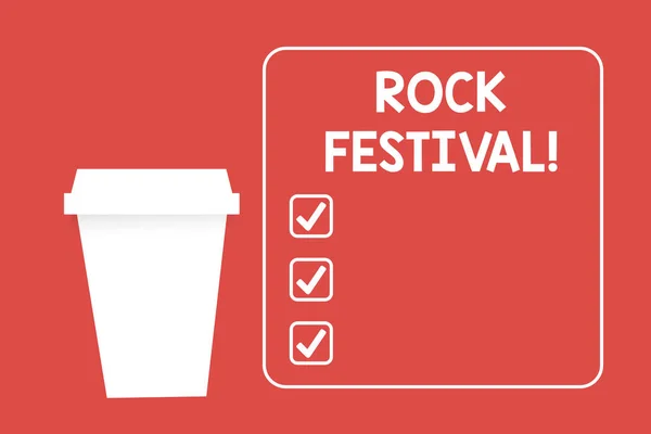 Word writing text Rock Festival. Business concept for Largescale rock music concert featuring heavy metals genre Blank Coffee Tea Paper Cup in White Empty Square Frame Copy Space in Red. — 스톡 사진