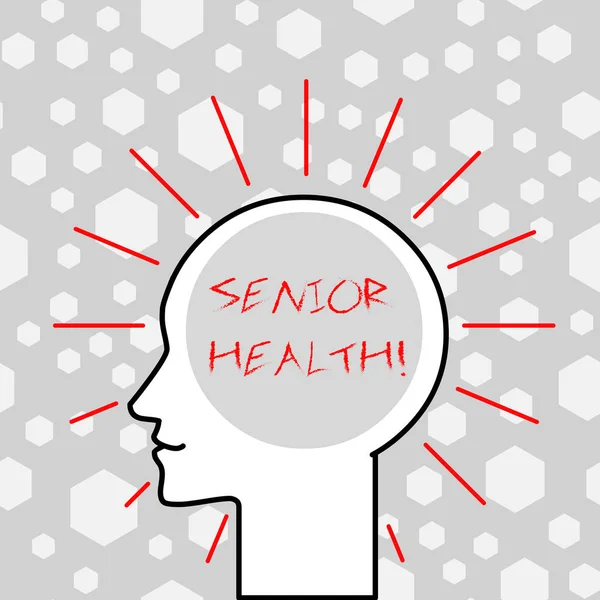 Writing note showing Senior Health. Business photo showcasing refers to physical and mental conditions of senior citizens Outline Silhouette Human Head Surrounded by Light Rays Blank Text Space.