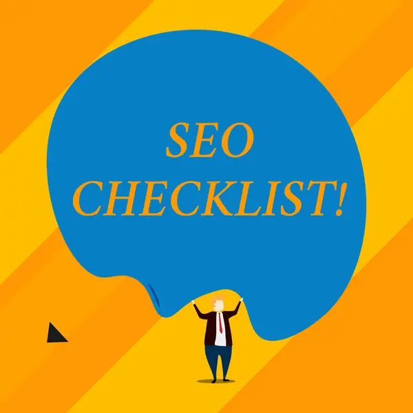 El yazısı metin Seo Checklist. Arama motorunu optimize etmek için gereken öğelerin kavram anlam listesi. — Stok fotoğraf