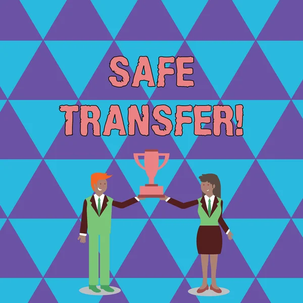 Conceptual hand writing showing Safe Transfer. Business photo text electronic funds transfer from one demonstrating to another Man and Woman Business Suit Holding Championship Trophy Cup.