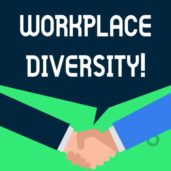 Writing note showing Workplace Diversity. Business photo showcasing environment that accepts each individual s is differences People have conversation greet each other and shake hands.