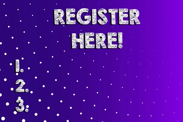 Text sign showing Register Here. Conceptual photo put your name on an official list in order to receive service Lilac Violet Background White Polka Dots Scattered in Linear Perspective.