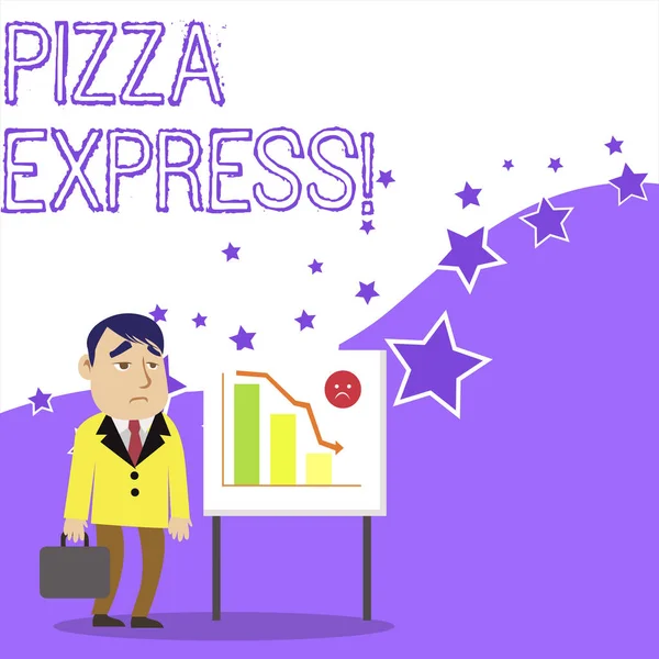 Text skylt som visar pizza Express. Konceptuella foto snabb leverans av pizza vid din tröskel Snabb servering affärsman Clerk med kort fall stående whiteboard minskande stapeldiagram. — Stockfoto