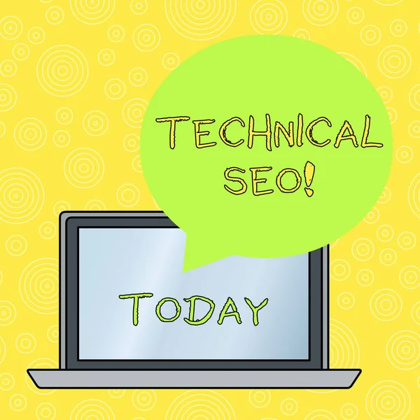 Tekst schrijven Technical Seo. Business concept voor het optimaliseren van de website die niet de inhoud deel Round Shape Lege Speech Bubble Floating Over Open Laptop Gekleurde Backdrop betrekken. — Stockfoto