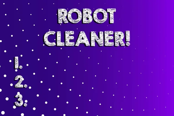 Signo de texto que muestra Robot Cleaner. Foto conceptual Programación inteligente y un sistema de limpieza por vacío limitado Lila Violeta Fondo Lunares blancos dispersos en perspectiva lineal . —  Fotos de Stock