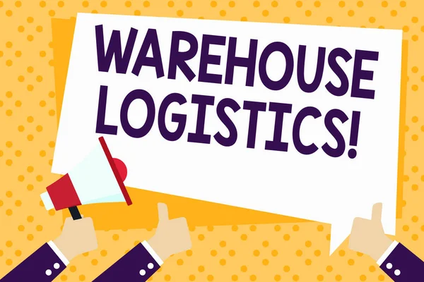 Depo Lojistik 'i gösteren bir not yazıyorum. İş dünyasındaki hem fiziksel malların hem de iş dünyasındaki bilgilerin akışını gösteren el ele tutuşan megafon ve hareket eden başparmaklar yazı balonunda.