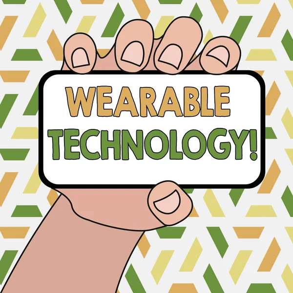 Kelime yazma metni Giyilebilir Teknoloji. Smartphone Aygıtının Boş Ekran ve Metin Alanı ile Elde Tutulan Kapanışı olarak takılabilen elektronik aygıtlar için iş konsepti.