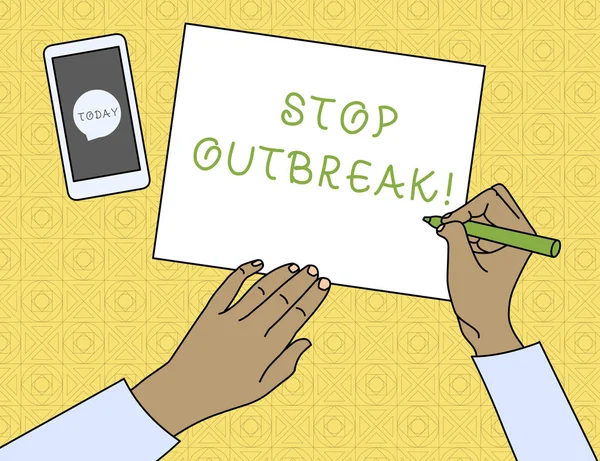 Salgını Durdur'u gösteren kavramsal el yazısı. İş fotoğrafı metin benzer bir hastalık la karşı karşıya gösteren olay önlemek Top View Man Yazma Kağıt Kalem Smartphone Mesaj Simgesi.