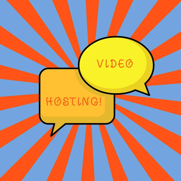 Conceptuele hand schrijven toont video hosting. Zakelijke fotopresentatie stelt gebruikers in staat om te uploaden en afspelen van video-inhoud op het net paar overlappende bellen van ovale en rechthoekige vorm. — Stockfoto