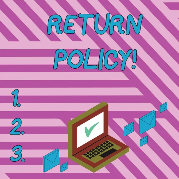 Handwriting text writing Return Policy. Concept meaning return or exchange defective merchandise that they buy before Color Mail Envelopes around Laptop with Check Mark icon on Monitor Screen.