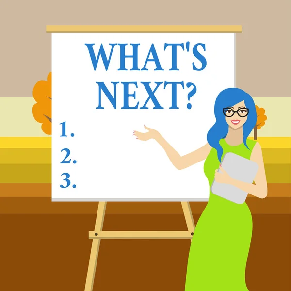Text sign showing What S Is Nextquestion. Conceptual photo Uncertainty about the following plan or actions to do White Female in Glasses Standing by Blank Whiteboard on Stand Presentation. — Stock Photo, Image
