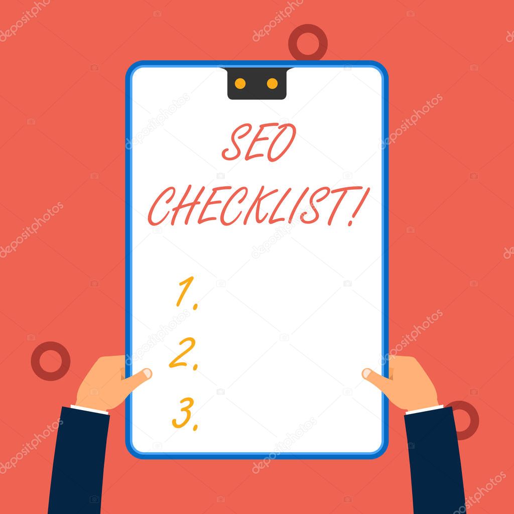 Handwriting text writing Seo Checklist. Concept meaning list of items required to optimize the search engine.