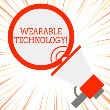 El yazısı metin Giyilebilir Teknoloji. Aksesuar olarak giyilebilen elektronik cihazlar anlamına gelen kavram Speakingtrumpet Boş Yuvarlak Okişli Konuşma Metni Balon Duyurusu.