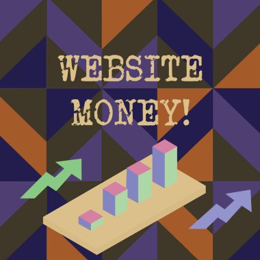 El yazısı metin yazma Web Sitesi Para. Kavram anlamı, paranın Nerede Kazanıldığı Web Sitesini Ifade Eder Renkli Kümelenmiş 3d Çubuk Grafik Diyagramı Perspektifinde İki Okla.