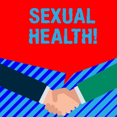 Sözcük yazma, Cinsel Sağlık. Hayatımız boyunca cinselliği kucaklama ve zevk alma yeteneği konsepti. İki insan, birbirlerini selamlarken ve el sıkışırken şen şakrak bir şekilde sohbet ediyorlar..