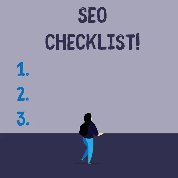 Escritura a mano de texto Seo Checklist. Concepto que significa lista de elementos requeridos para optimizar el motor de búsqueda . —  Fotos de Stock