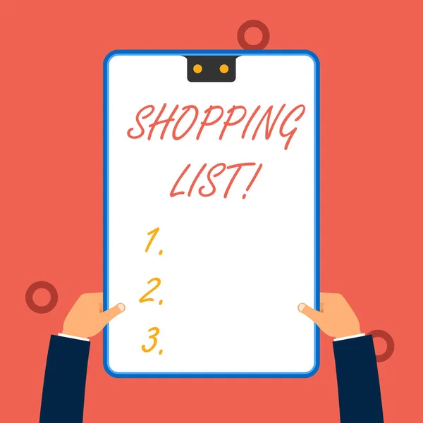 Escribir texto a mano Lista de compras. Concepto que significa una lista de artículos a considerar o compras a realizar . — Foto de Stock