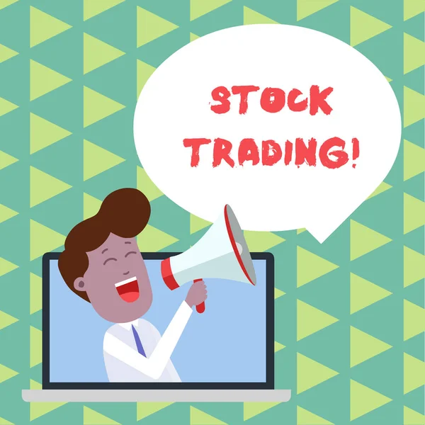 Word writing text Stock Trading. Business concept for the action or activity of buying and selling shares on market Man Speaking Through Laptop into Loudhailer Blank Speech Bubble Announce. — 스톡 사진