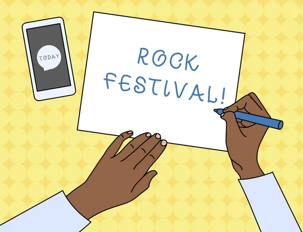 Writing note showing Rock Festival. Business photo showcasing Largescale rock music concert featuring heavy metals genre Top View Man Writing Paper Pen Smartphone Message Icon. — 스톡 사진