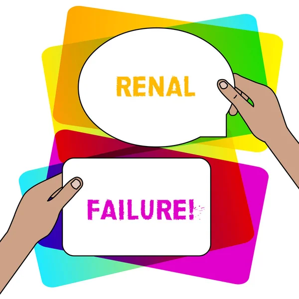 Handwriting text writing Renal Failure. Concept meaning medical condition in which the kidneys no longer function Two Blank Figured Tablets Signs Held in Hands One Above Other Text Space. — Stock Photo, Image