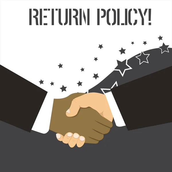 Word writing text Return Policy. Business concept for return or exchange defective merchandise that they buy before Hand Shake Multiracial Male Business Partners Colleagues Formal Black Suits. — 스톡 사진