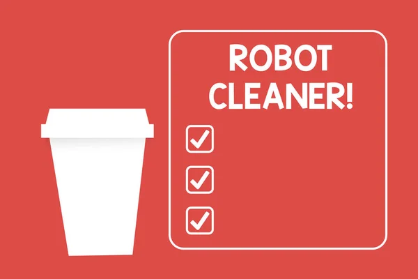文字书写机器人清洁剂。 白色方格框红色空白咖啡纸杯智能编程及有限真空清洗系统的业务概念. — 图库照片