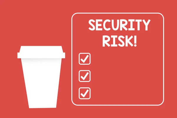 Word writing text Security Risk. Business concept for possesses a possible threat to the security of something Blank Coffee Tea Paper Cup in White Empty Square Frame Copy Space in Red.