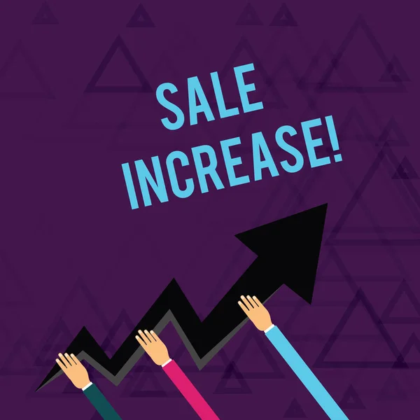Writing note showing Sale Increase. Business photo showcasing amount a company derives from sales compared to a previous Hands Holding Zigzag Lightning Arrow Pointing and Going Up.